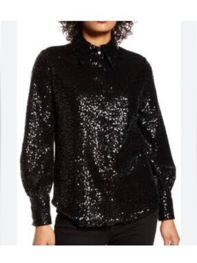 Halogen Black Sequin Button-Front Blouse